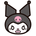 Kuromi character with a wide-eyed, panicked expression and a pink skull on her hood.