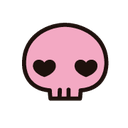 A pink skull with black heart-shaped eyes and a black outline.