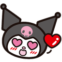 Kuromi character with heart-shaped eyes, blushing cheeks, and a floating red heart.
