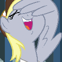 A cartoon pony with yellow hair and gray fur covering its eyes with a hoof while laughing with its mouth wide open.
