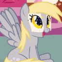 A gray cartoon pony with large yellow eyes looking surprised.