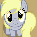 A light-gray pony with a blonde mane looking up with large, innocent, wide eyes.
