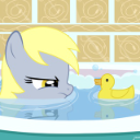 A gray pony with blonde hair looking suspiciously at a yellow rubber duck while sitting in a bubble bath.