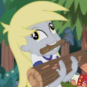 A blonde cartoon character with gray skin carries a large log while holding a hammer in their mouth.