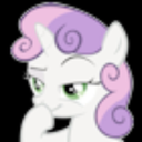 A white pony with purple hair and green eyes giving a smug, knowing smirk with a hand held to its mouth.