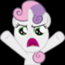 A white pony with pink and purple hair looking angry and throwing its hooves up in the air.