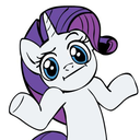 A white unicorn with a purple mane performing a shrug gesture with both hooves raised.