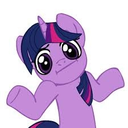 A purple pony with a blue and pink mane shrugging with a confused expression.