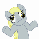 A gray pony with blonde hair shrugging with a confused and wide-eyed expression.