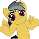 A yellow pony with gray hair shrugs its shoulders with a confused expression.