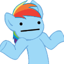 Blue pony with a rainbow mane shrugging with a blank, deadpan expression.