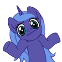 A purple pony with a blue mane shrugging with a confused facial expression.
