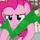 Pinkie Pie with a smug expression holding a large green checkmark symbol.