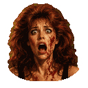A woman with a blood-splattered face screaming in terror, shown in a repeating sequence.