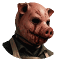 Pig mask figure with blood stains and dark eyes staring forward.