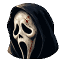 Ghostface mask with a black hood and blood splatters staring directly forward.