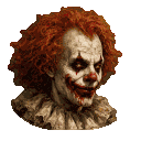 Clown with red hair and pale skin slowly shifting into a wide, menacing grin.