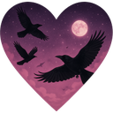 Heart-shaped frame filled with a purple night sky, a bright full moon, and three black ravens flying.