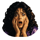 A woman with curly dark hair and a purple top holds her face in shock with varying levels of intensity.