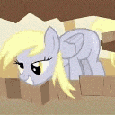 A gray pony with a yellow mane rests its head on a ledge while changing its facial expression from alert to sleepy.