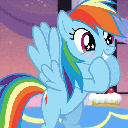 A light blue pegasus with a rainbow mane and tail looks on with wide, sparkling eyes and hooves pressed against its cheeks.