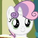 Pony with large expressive eyes and a soft smile looking forward.