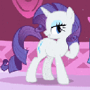 A white pony with a purple mane strikes a confident pose while surrounded by shimmering sparkles.