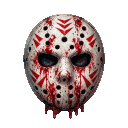 Hockey mask covered in blood splatters with a menacing and dark appearance.