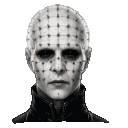 A pale character with pins in their head slowly tilting their head and developing a sinister, wide grin.
