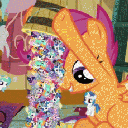 A large orange pony watches as a bucket pours out a swarm of many small colorful ponies.