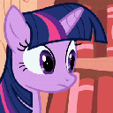 A purple pony with a dark blue mane transitions from a suspicious look to a shy, blushing smile in a four-panel animation.