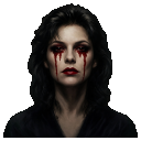 Woman with dark hair and intense gaze has bright red blood streaming down from her eyes.