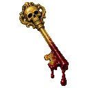 A golden key with a skull handle dripping with bright red blood against a black background.