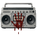 A gray vintage boombox with a large, realistic red bloody handprint stamped across the center.