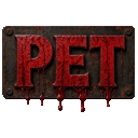 The word PET in a distressed font with blood dripping down from the letters onto a dark background.