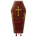 A wooden coffin with a golden cross dripping with red blood.