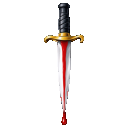 A gold-hilted dagger with a metal blade dripping red blood against a black background.