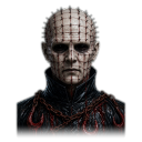 Pinhead with a pale, spike-covered head and dark chains around his neck.