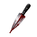 A silver knife with a black handle and blood stains on the blade spinning in a loop.