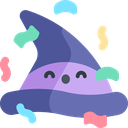 A purple wizard-style hat with a happy, smiling face and small colorful shapes floating around it.