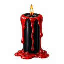 A black pillar candle with a burning flame and thick red wax dripping down its sides.
