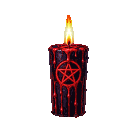 A black candle with red wax dripping down the sides and a red pentagram symbol on the front, topped with a burning flame.