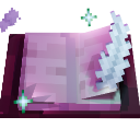 A purple pixel art book with a white feather quill resting on its pages, surrounded by small magical sparkles.