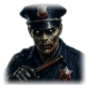 Zombie police officer with glowing white eyes and blood on his uniform holding a wooden baton.