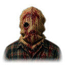 A person wearing a blood-stained burlap sack mask over their head and a plaid flannel shirt.
