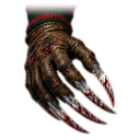 A dark, weathered glove with long, sharp, blood-stained metal blades extending from the fingers.