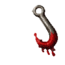 A metallic hook swinging back and forth with bright red blood dripping from the tip.