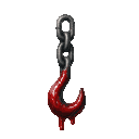 A metal hook hanging from a chain, dripping with bright red blood.