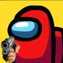 A red crewmate character holding a realistic human hand pointing a handgun.