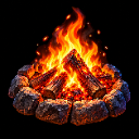 Campfire with bright orange flames burning on wooden logs surrounded by dark stones against a black background.